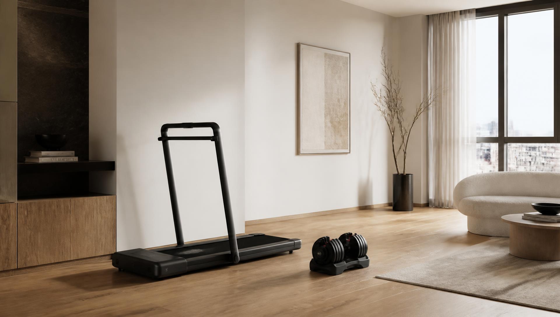 Compact treadmill and adjustable dumbbells in a modern apartment