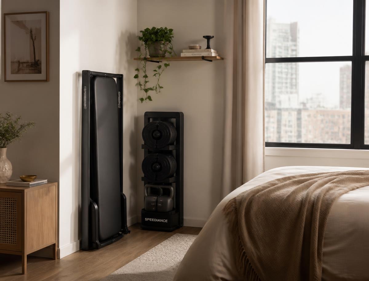 Compact fitness equipment stored in a city apartment