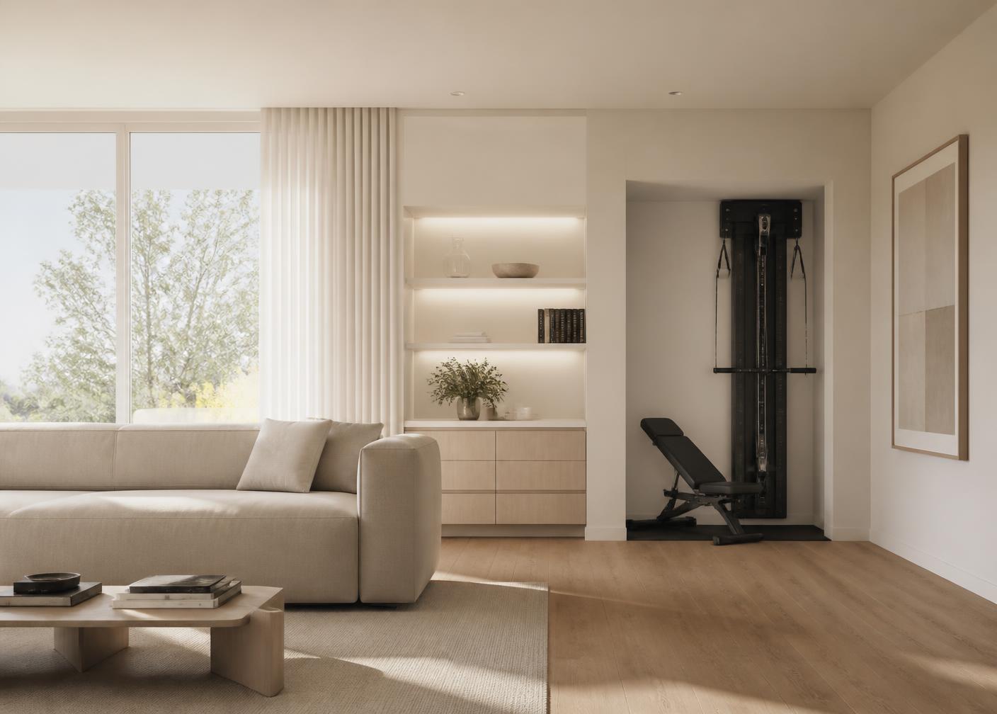 Minimal living room with discreet compact fitness equipment